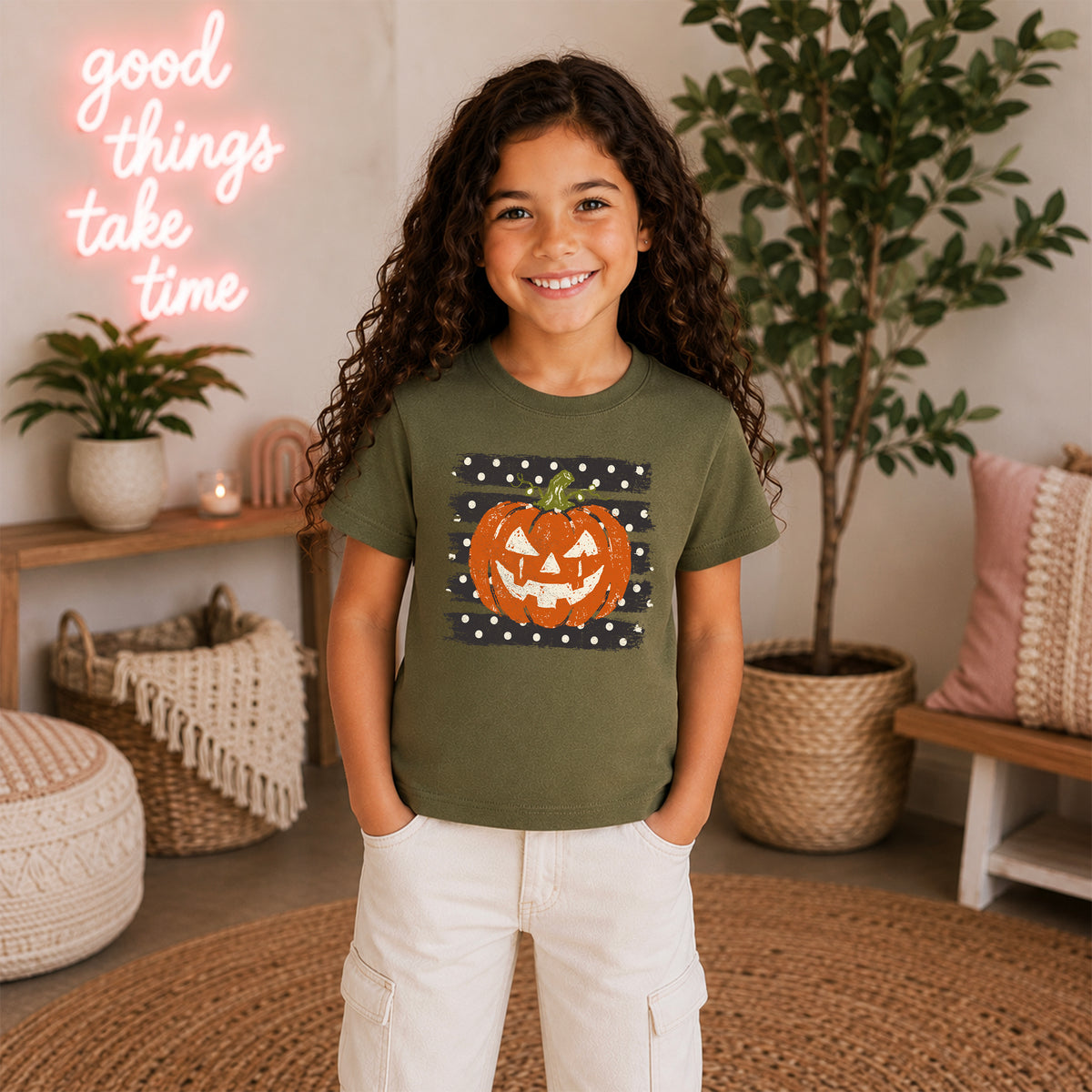 Retro jack-o-lantern pumpkin polka dot Halloween kids tee in Military Green, fit and back view