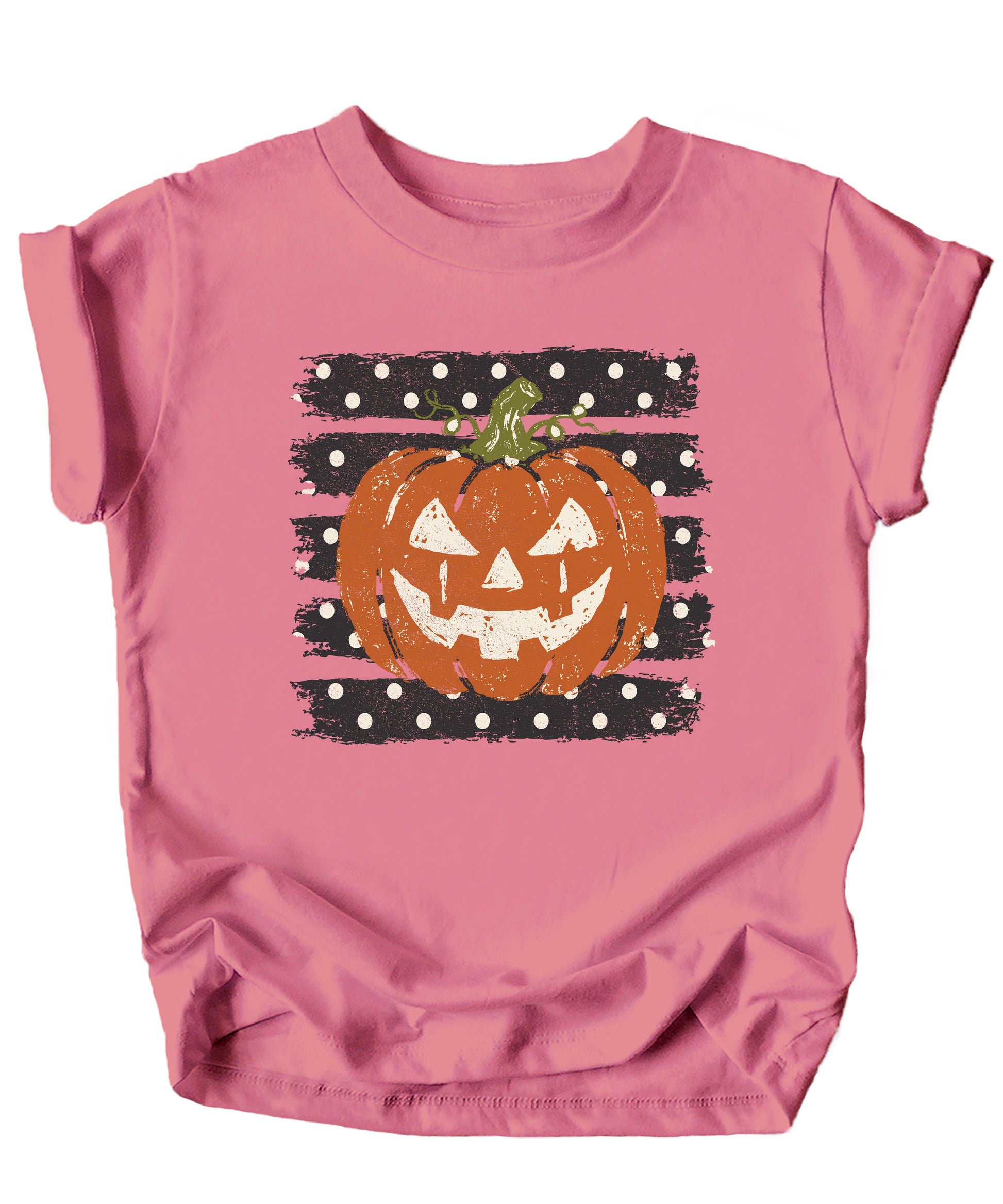 Retro jack-o-lantern pumpkin polka dot Halloween kids tee in Mauve, front view