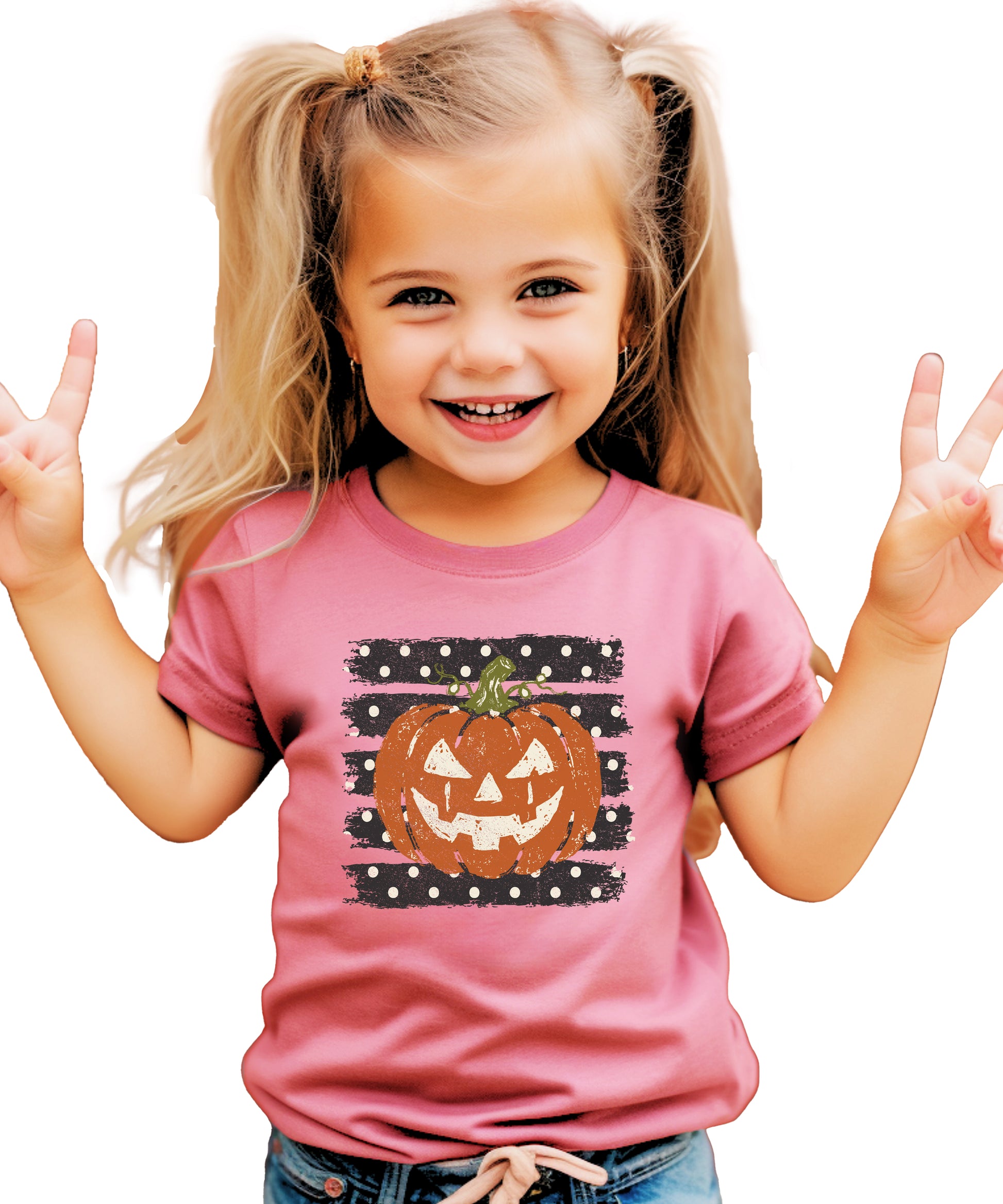 Retro jack-o-lantern pumpkin polka dot Halloween kids tee in Mauve, detail view of the pumpkin graphic