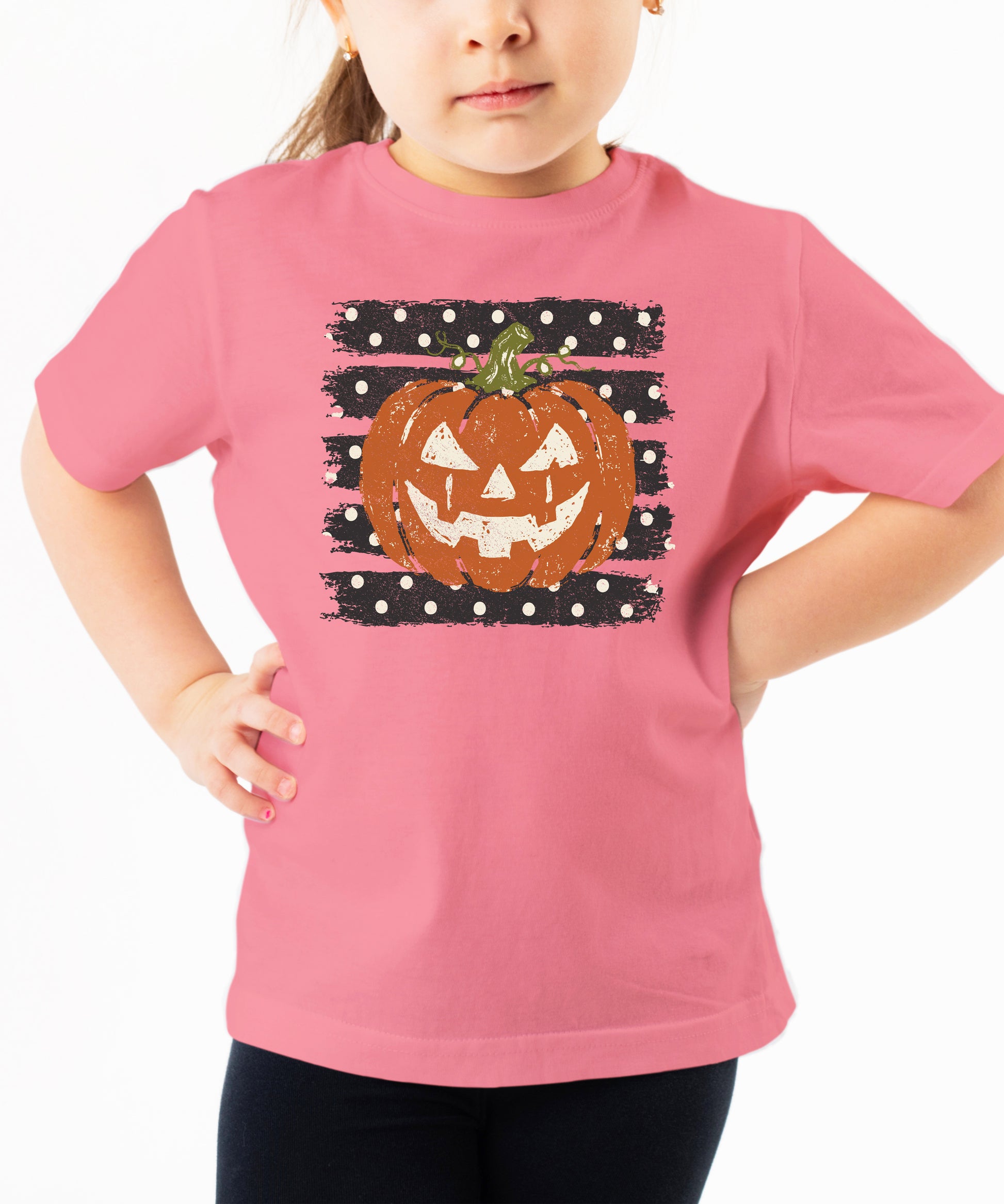 Retro jack-o-lantern pumpkin polka dot Halloween kids tee in Mauve, lifestyle view