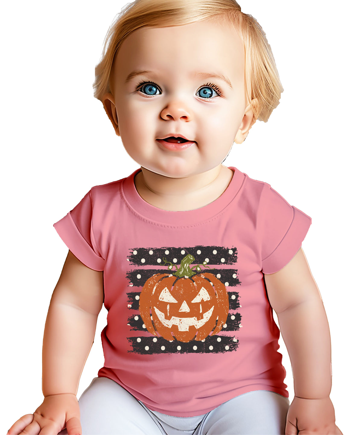 Retro jack-o-lantern pumpkin polka dot Halloween kids tee in Mauve, flat lay view