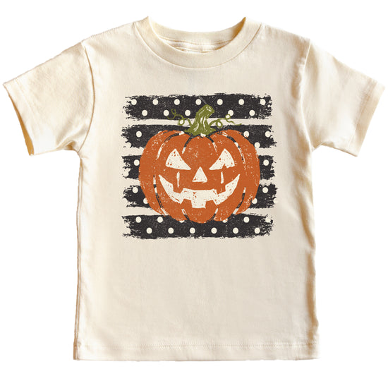 Retro jack-o-lantern pumpkin polka dot Halloween kids tee in Natural, front view