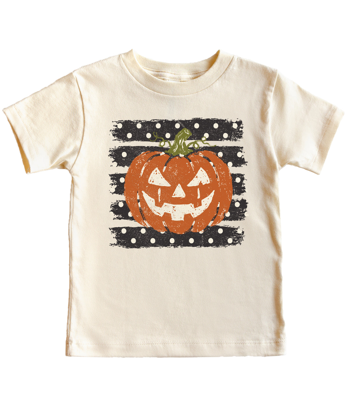 Retro jack-o-lantern pumpkin polka dot Halloween kids tee in Natural, front view