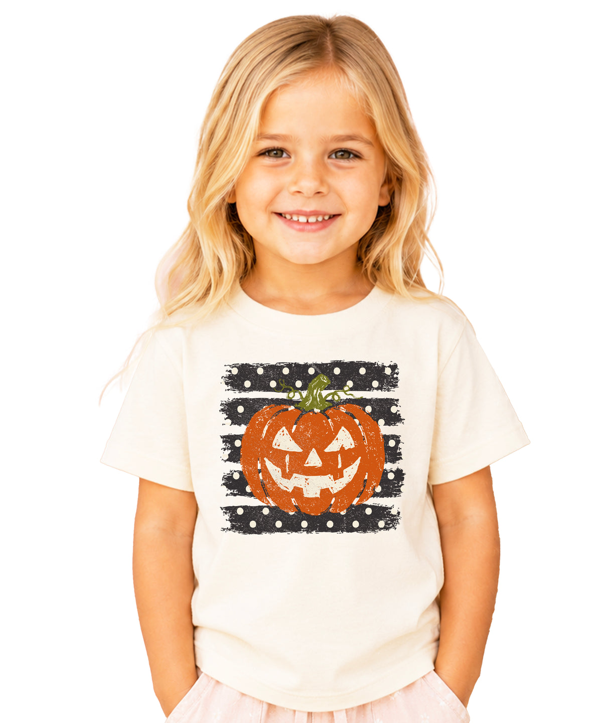 Retro jack-o-lantern pumpkin polka dot Halloween kids tee in Natural, detail view of the pumpkin graphic