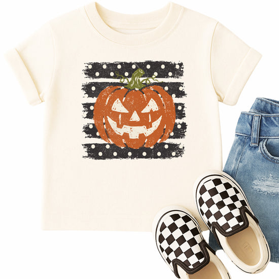 Retro jack-o-lantern pumpkin polka dot Halloween kids tee in Natural, styled view
