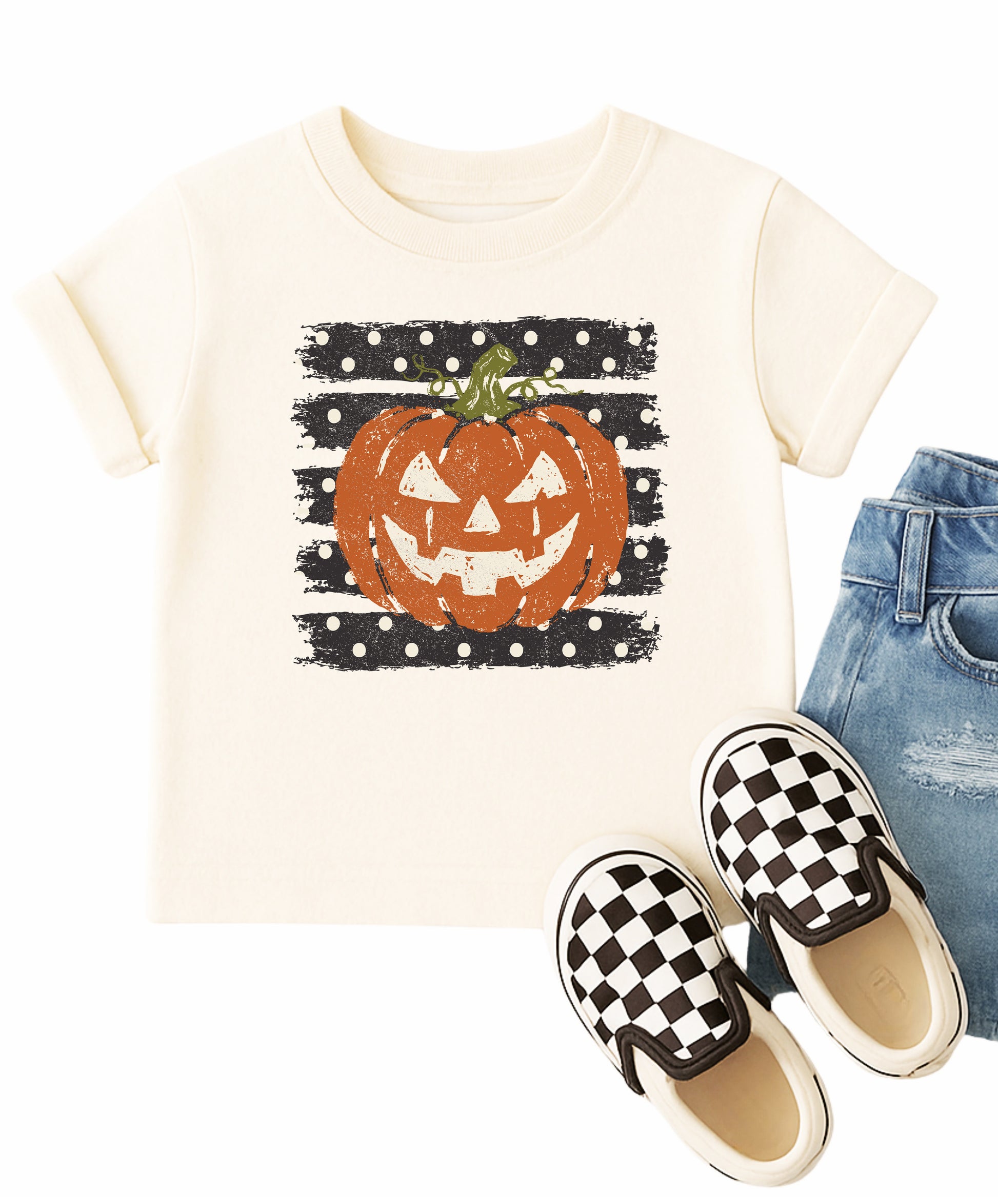 Retro jack-o-lantern pumpkin polka dot Halloween kids tee in Natural, styled view