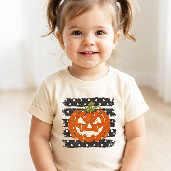 Retro jack-o-lantern pumpkin polka dot Halloween kids tee in Natural, fit and back view