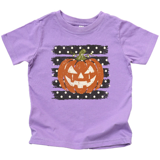Retro jack-o-lantern pumpkin polka dot Halloween kids tee in Purple, front view