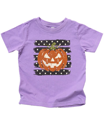 Retro jack-o-lantern pumpkin polka dot Halloween kids tee in Purple, front view