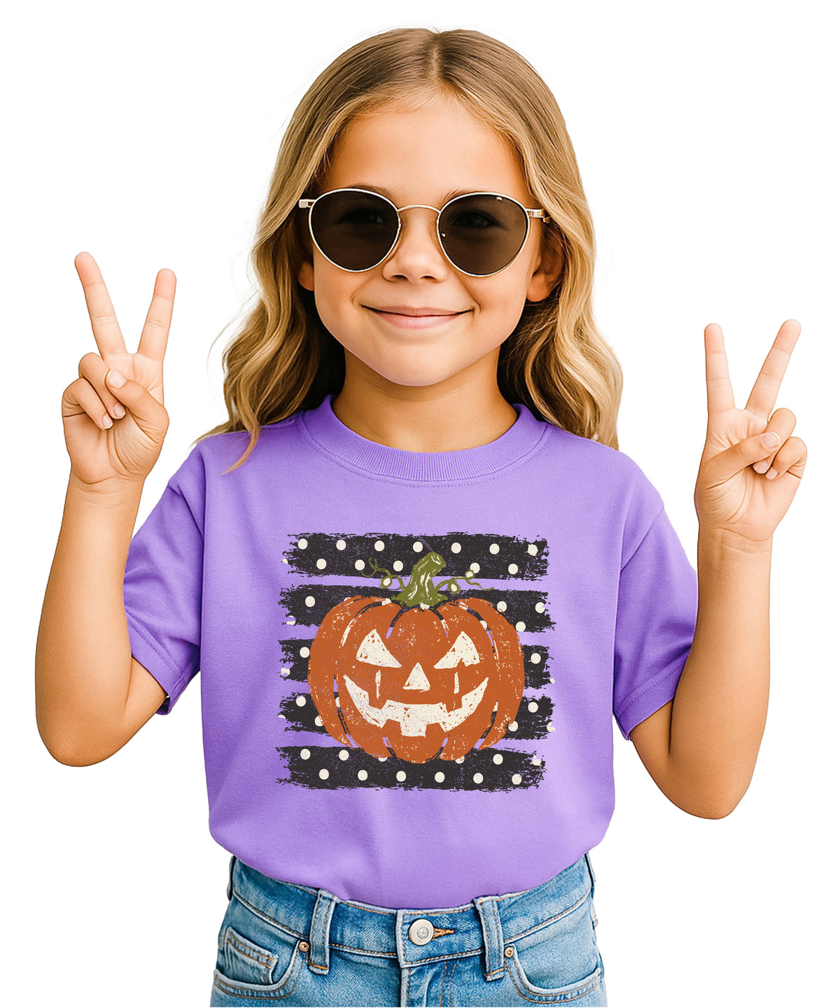 Retro jack-o-lantern pumpkin polka dot Halloween kids tee in Purple, close-up print detail