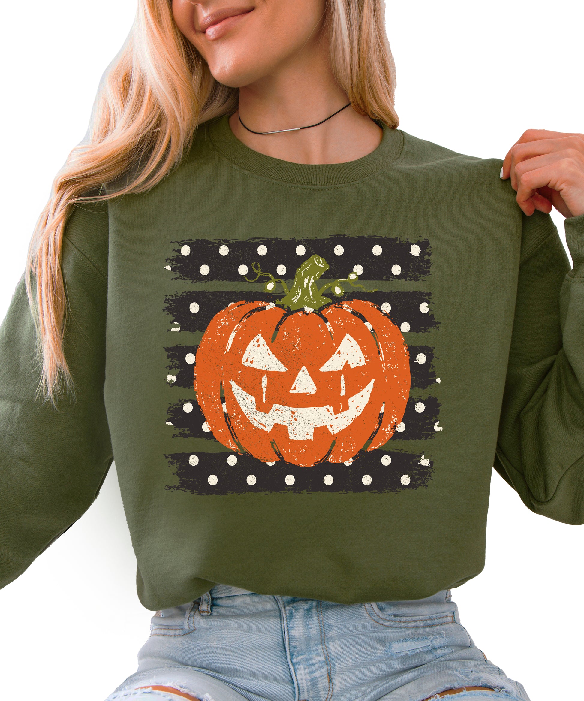 Jack-o-lantern pumpkin polka dot Halloween crewneck sweatshirt in Army Green, front view