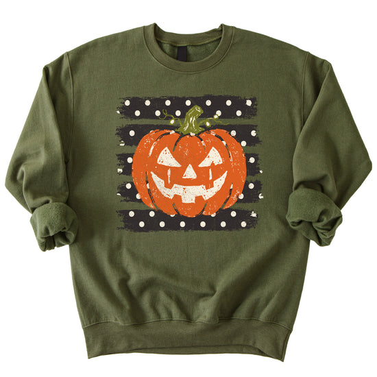Jack-o-lantern pumpkin polka dot Halloween crewneck sweatshirt in Army Green, detail view