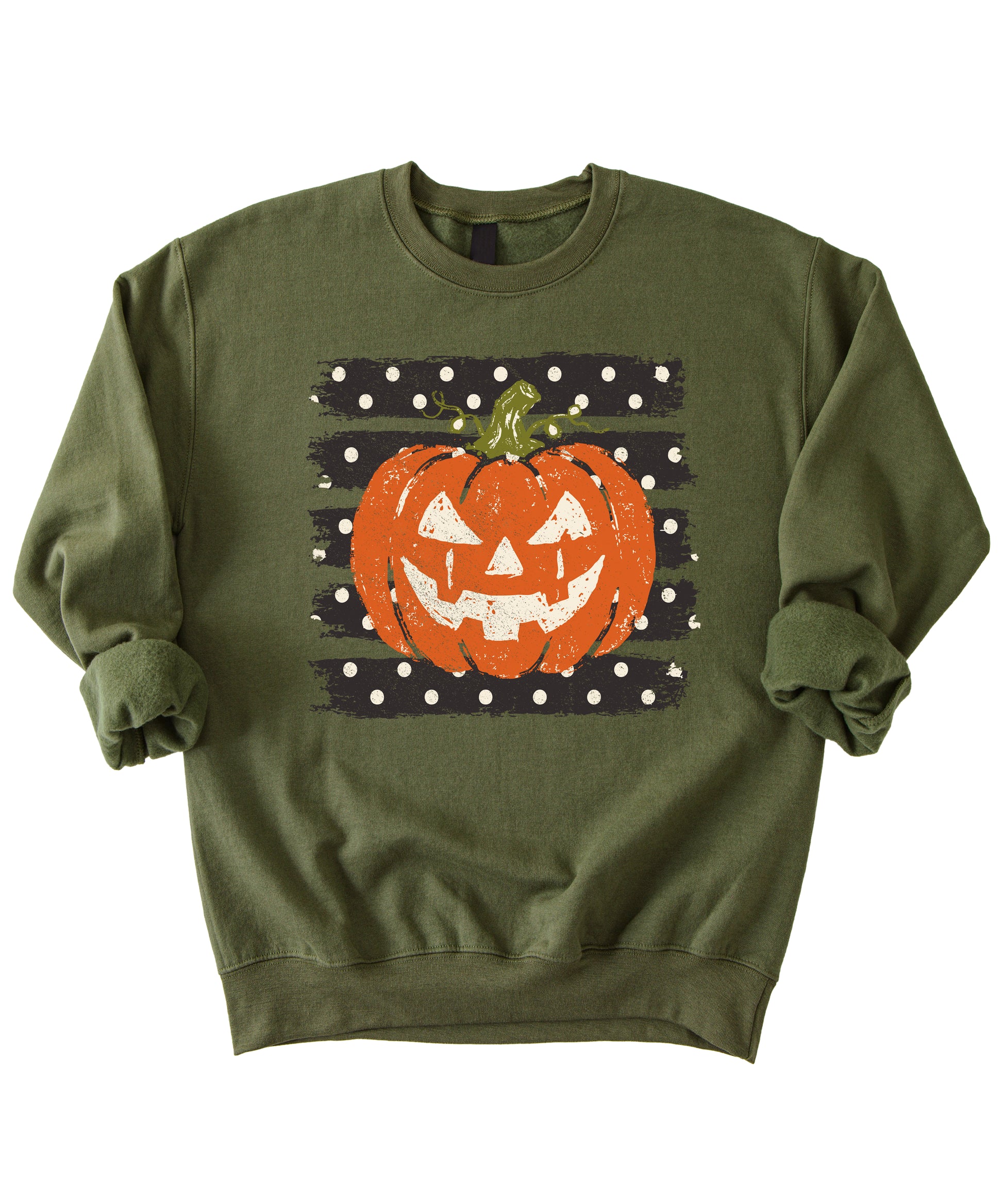 Jack-o-lantern pumpkin polka dot Halloween crewneck sweatshirt in Army Green, detail view