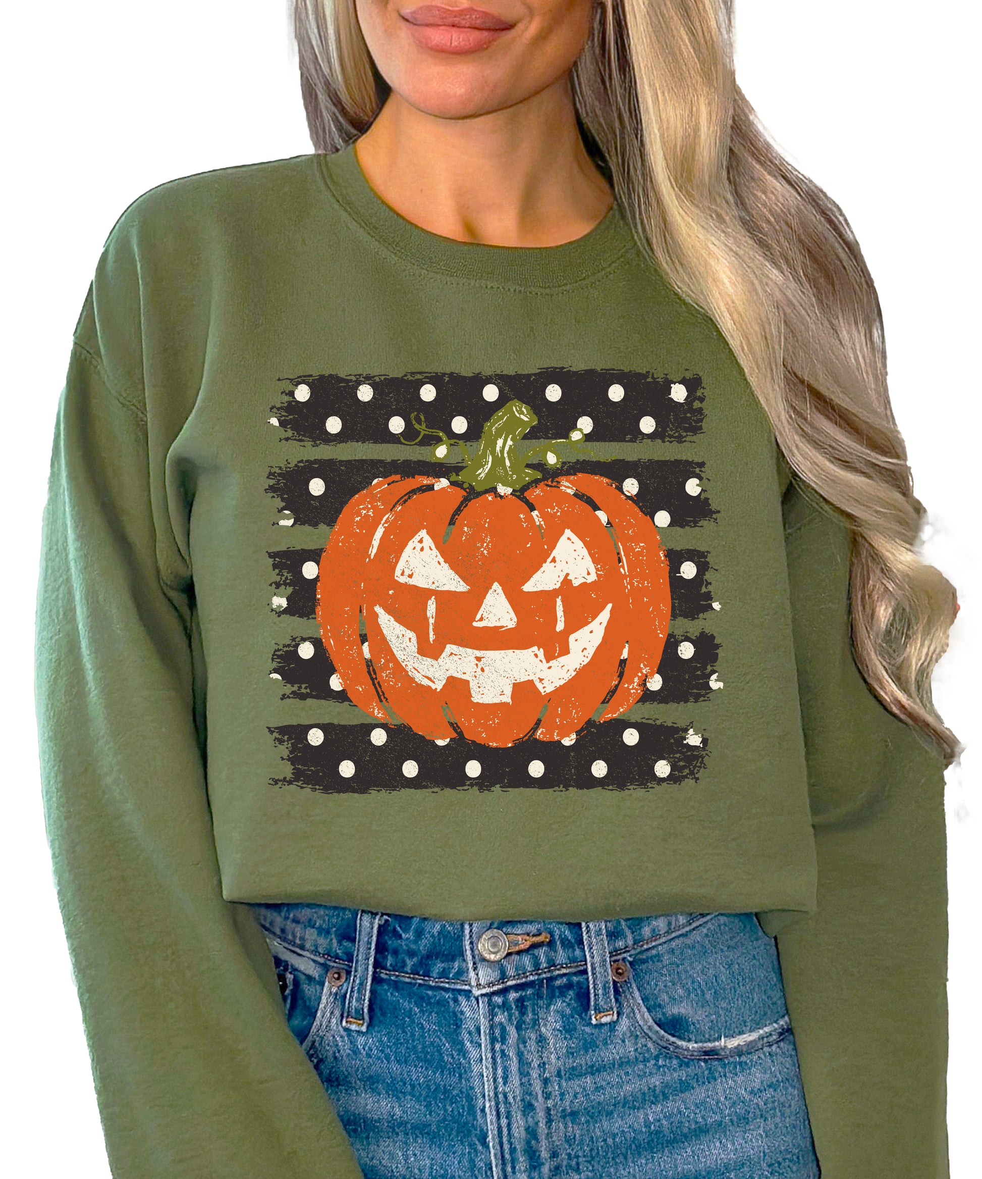 Jack-o-lantern pumpkin polka dot Halloween crewneck sweatshirt in Army Green, lifestyle view