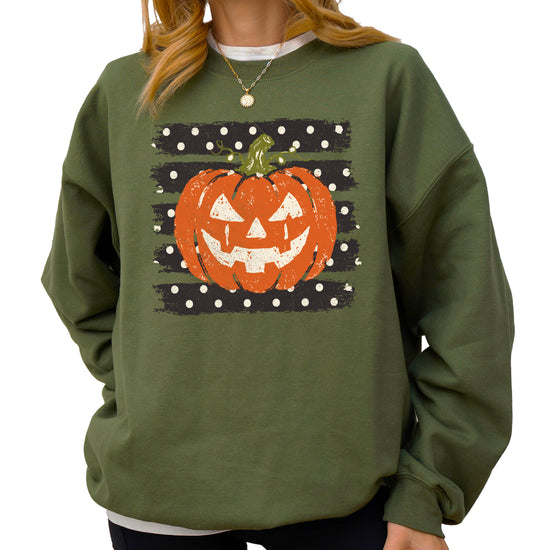Jack-o-lantern pumpkin polka dot Halloween crewneck sweatshirt in Army Green, flat lay view