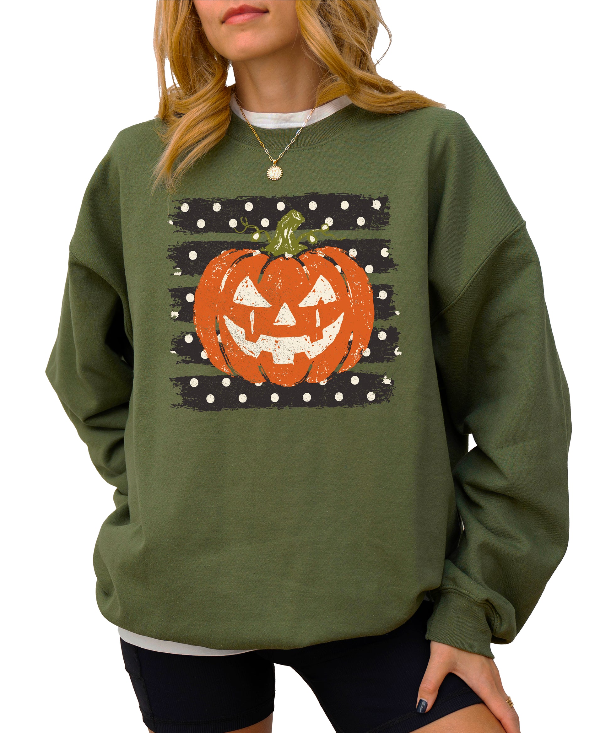 Jack-o-lantern pumpkin polka dot Halloween crewneck sweatshirt in Army Green, flat lay view