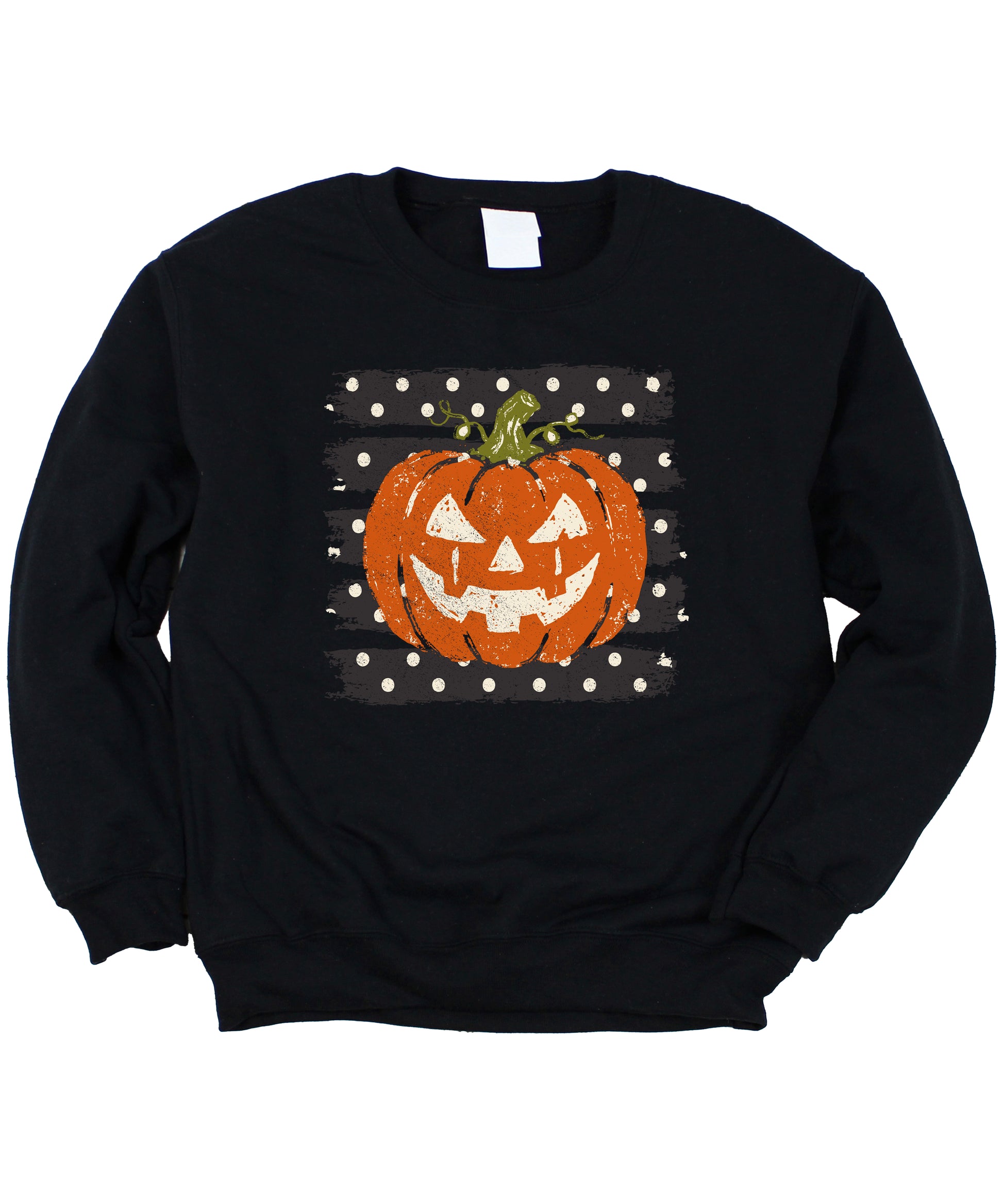 Jack-o-lantern pumpkin polka dot Halloween crewneck sweatshirt in Black, detail view