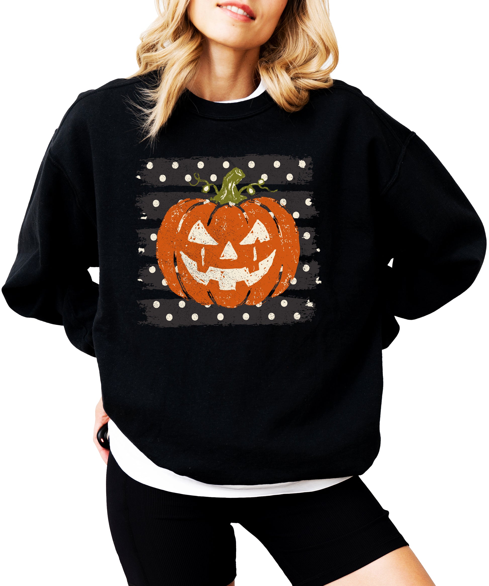 Jack-o-lantern pumpkin polka dot Halloween crewneck sweatshirt in Black, flat lay view