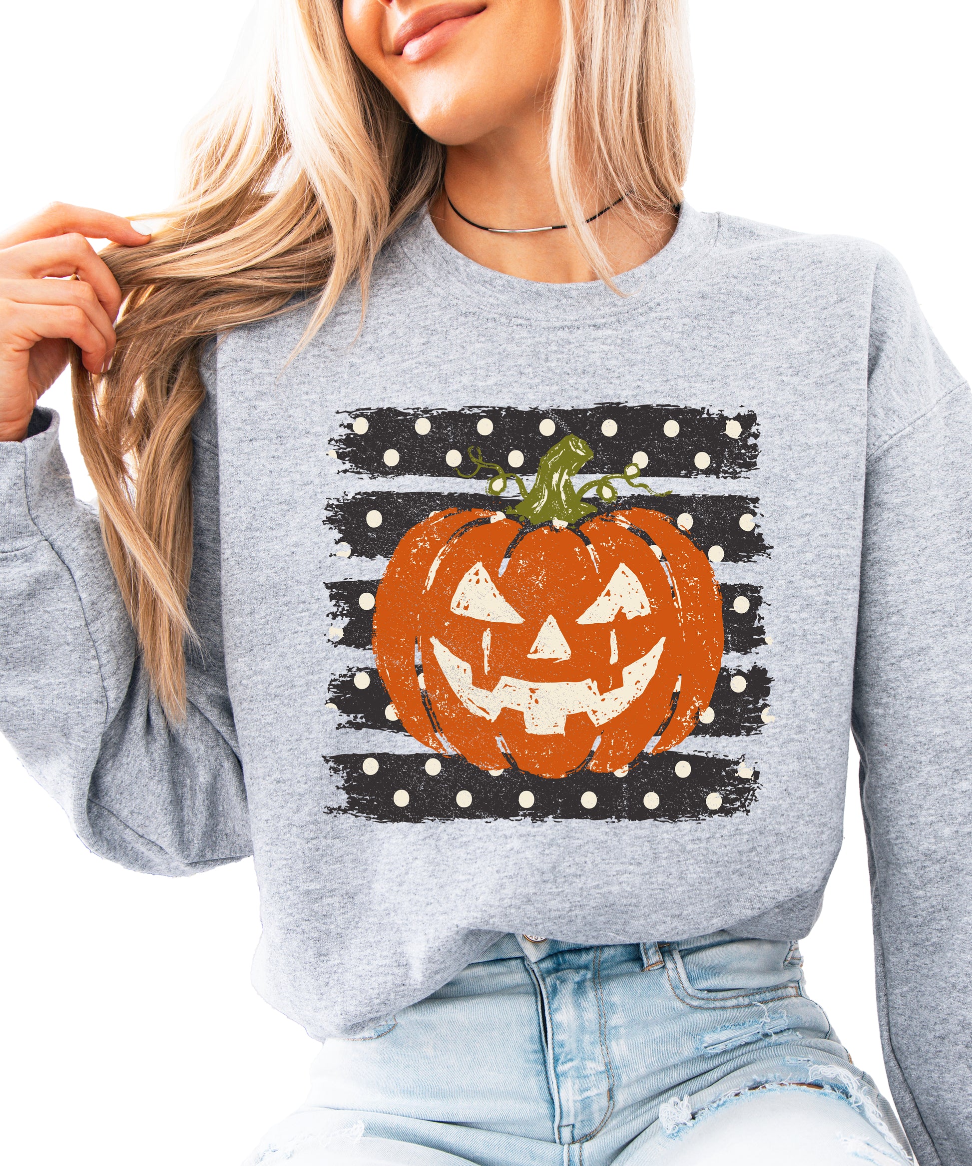 Jack-o-lantern pumpkin polka dot Halloween crewneck sweatshirt in Gray, front view