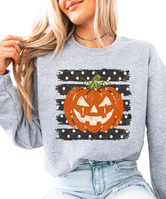 Jack-o-lantern pumpkin polka dot Halloween crewneck sweatshirt in Gray, front view