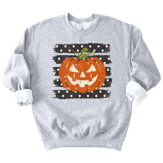 Jack-o-lantern pumpkin polka dot Halloween crewneck sweatshirt in Gray, detail view