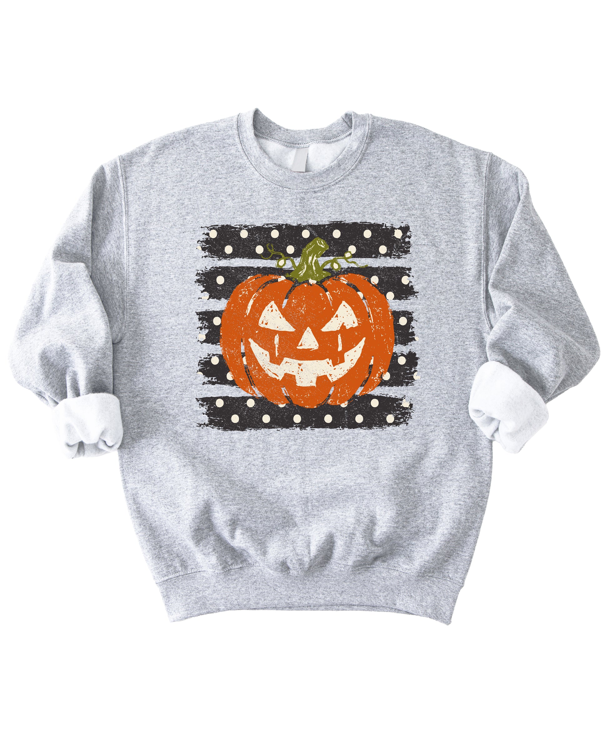 Jack-o-lantern pumpkin polka dot Halloween crewneck sweatshirt in Gray, detail view