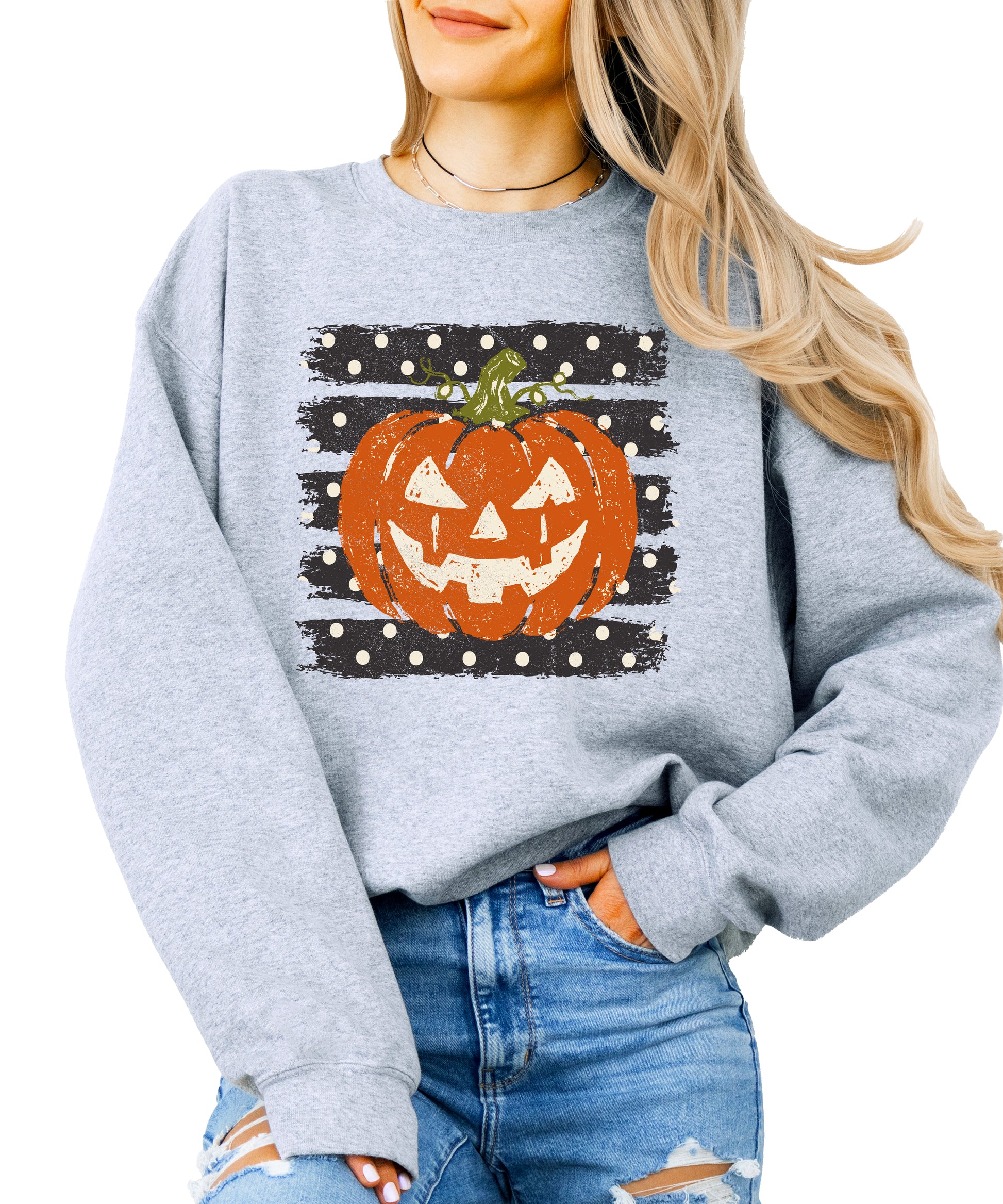 Jack-o-lantern pumpkin polka dot Halloween crewneck sweatshirt in Gray, lifestyle view