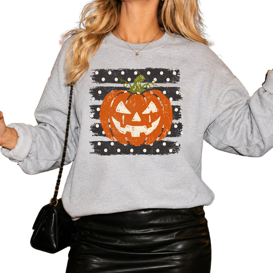 Jack-o-lantern pumpkin polka dot Halloween crewneck sweatshirt in Gray, flat lay view