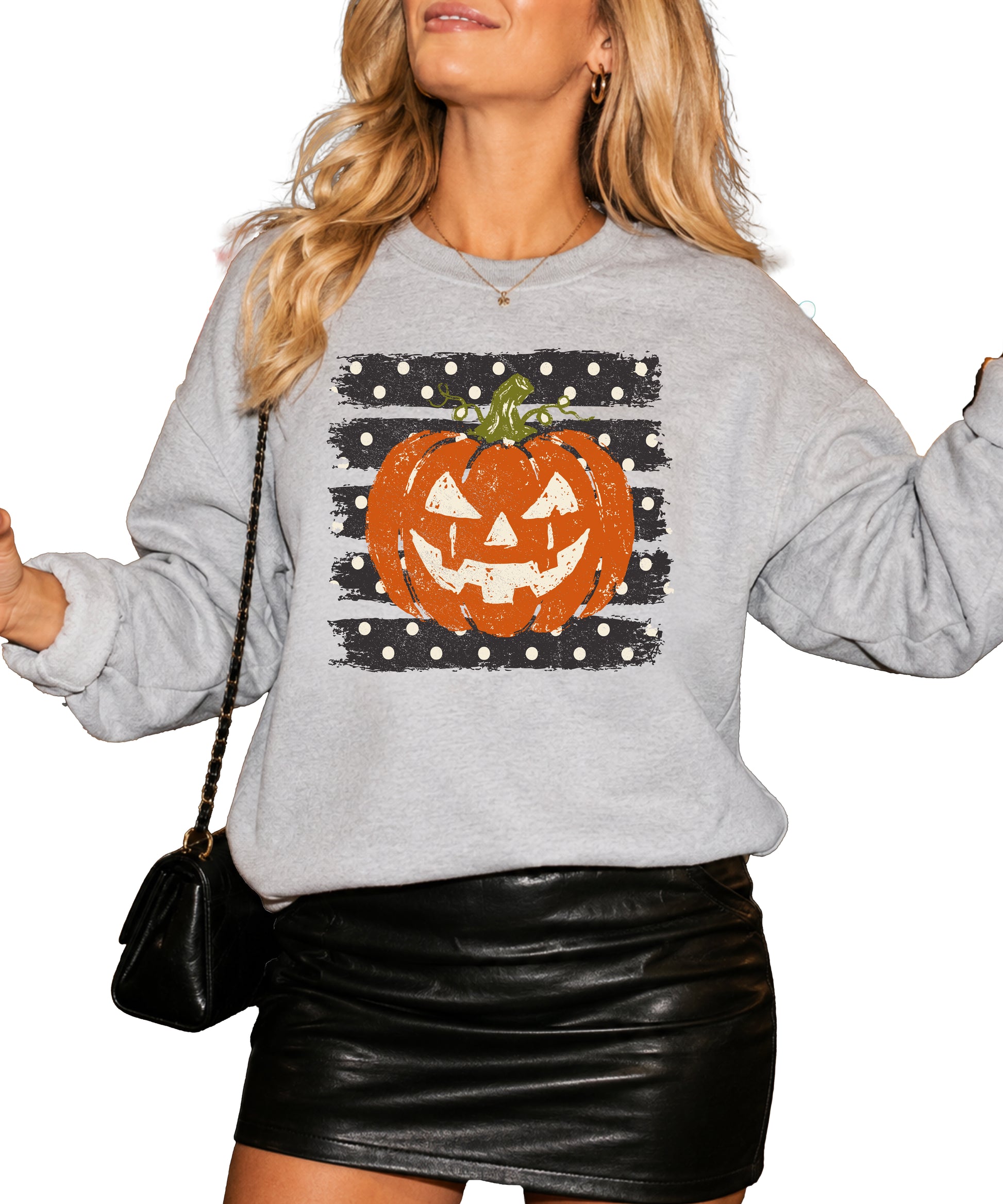Jack-o-lantern pumpkin polka dot Halloween crewneck sweatshirt in Gray, flat lay view