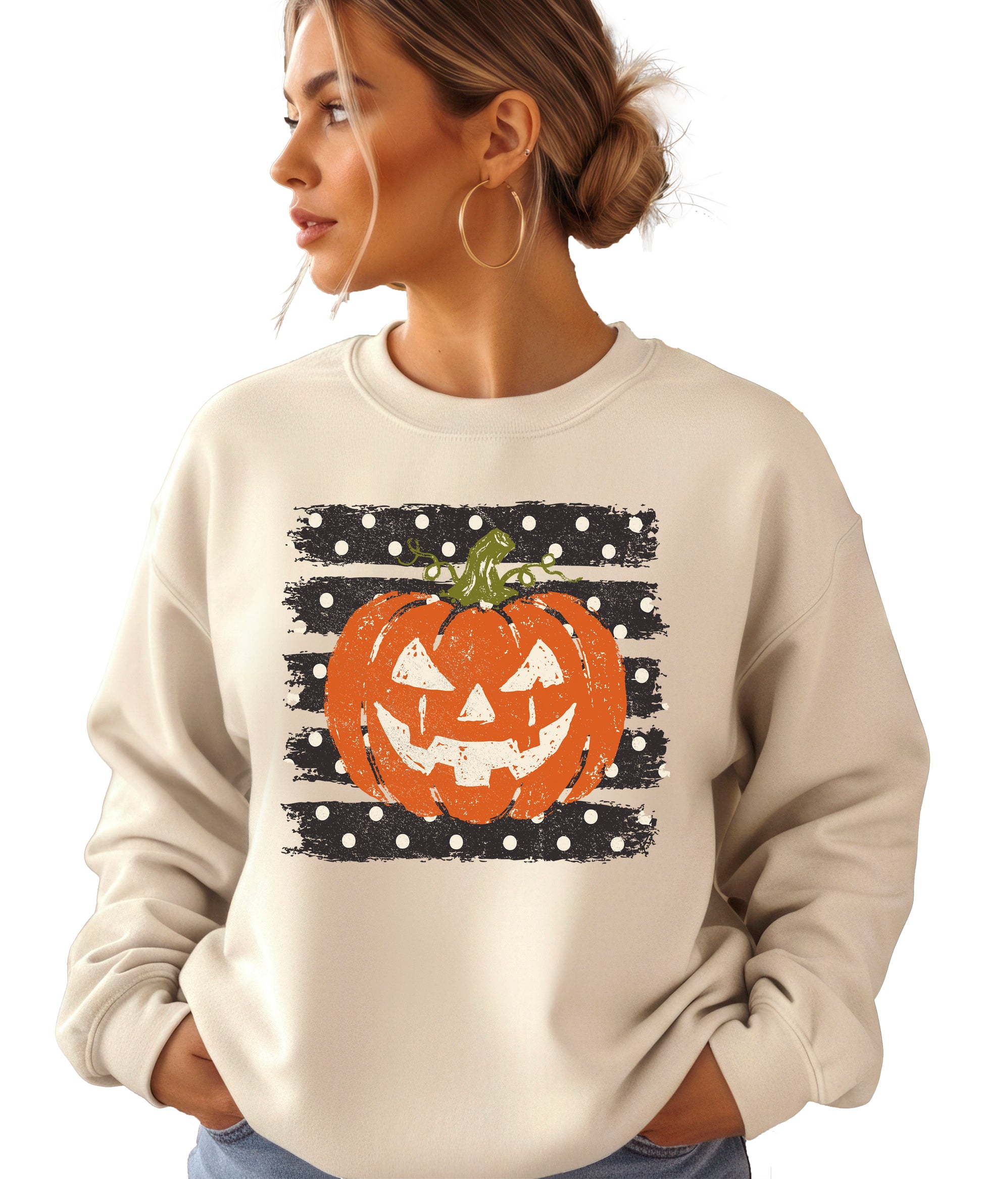 Jack-o-lantern pumpkin polka dot Halloween crewneck sweatshirt in Sand, front view