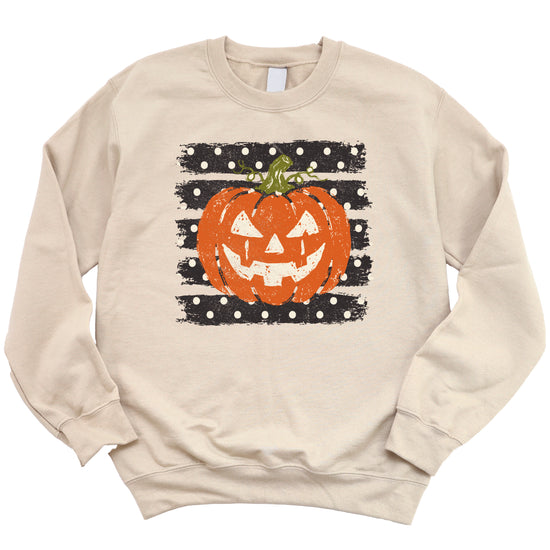 Jack-o-lantern pumpkin polka dot Halloween crewneck sweatshirt in Sand, detail view