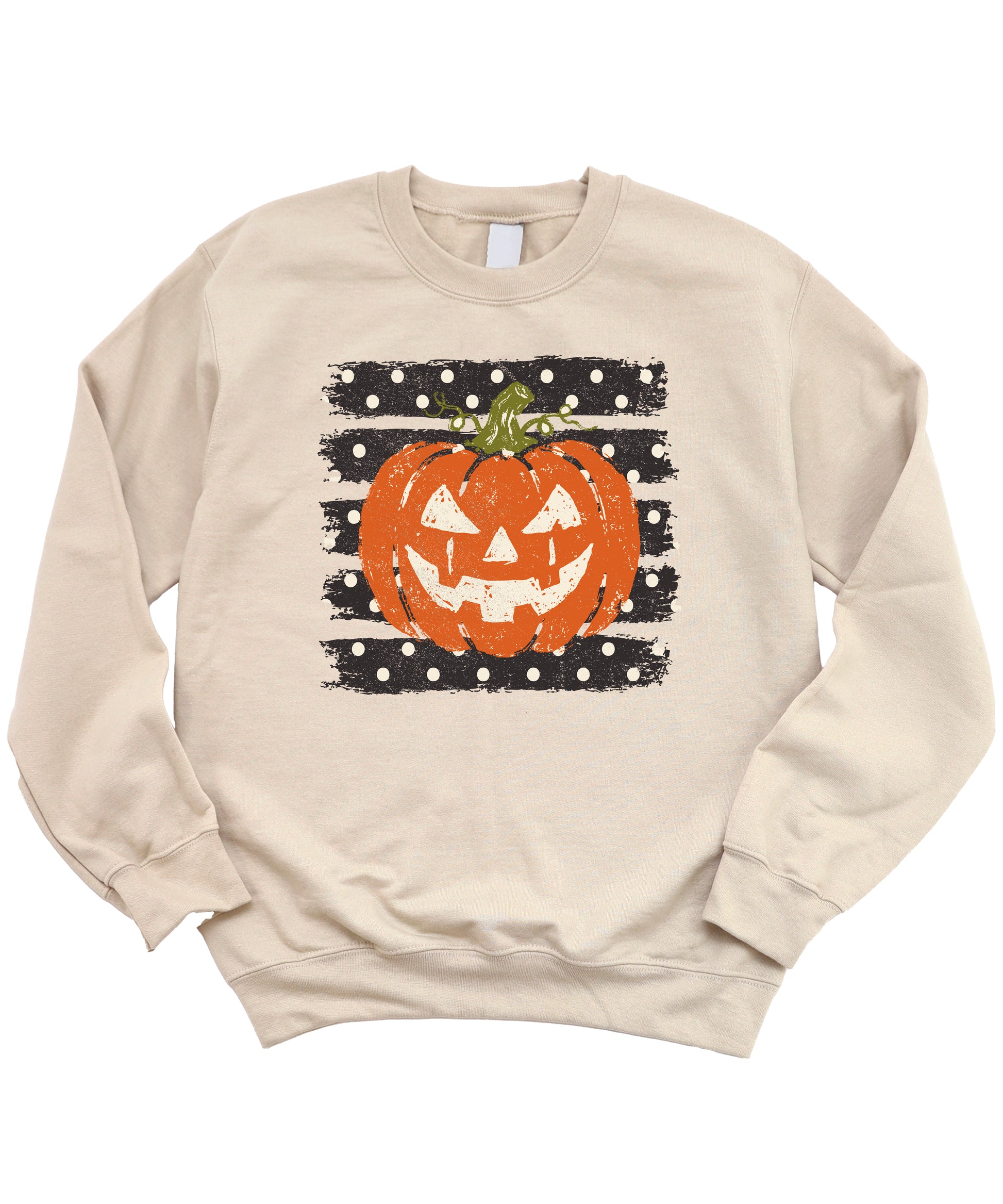 Jack-o-lantern pumpkin polka dot Halloween crewneck sweatshirt in Sand, detail view