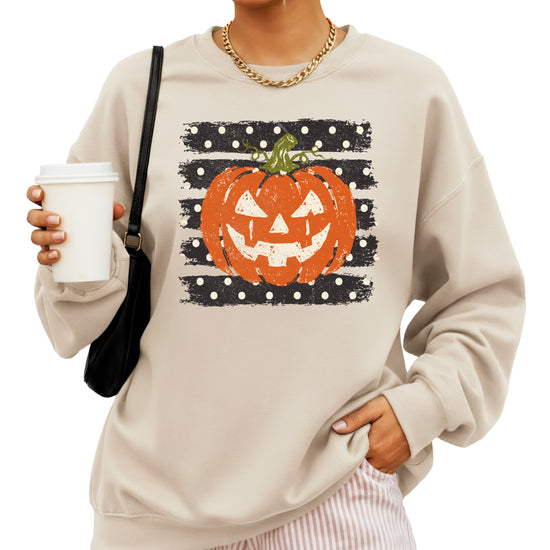 Jack-o-lantern pumpkin polka dot Halloween crewneck sweatshirt in Sand, lifestyle view