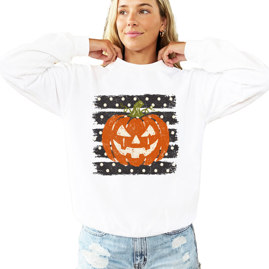 Jack-o-lantern pumpkin polka dot Halloween crewneck sweatshirt in White, front view