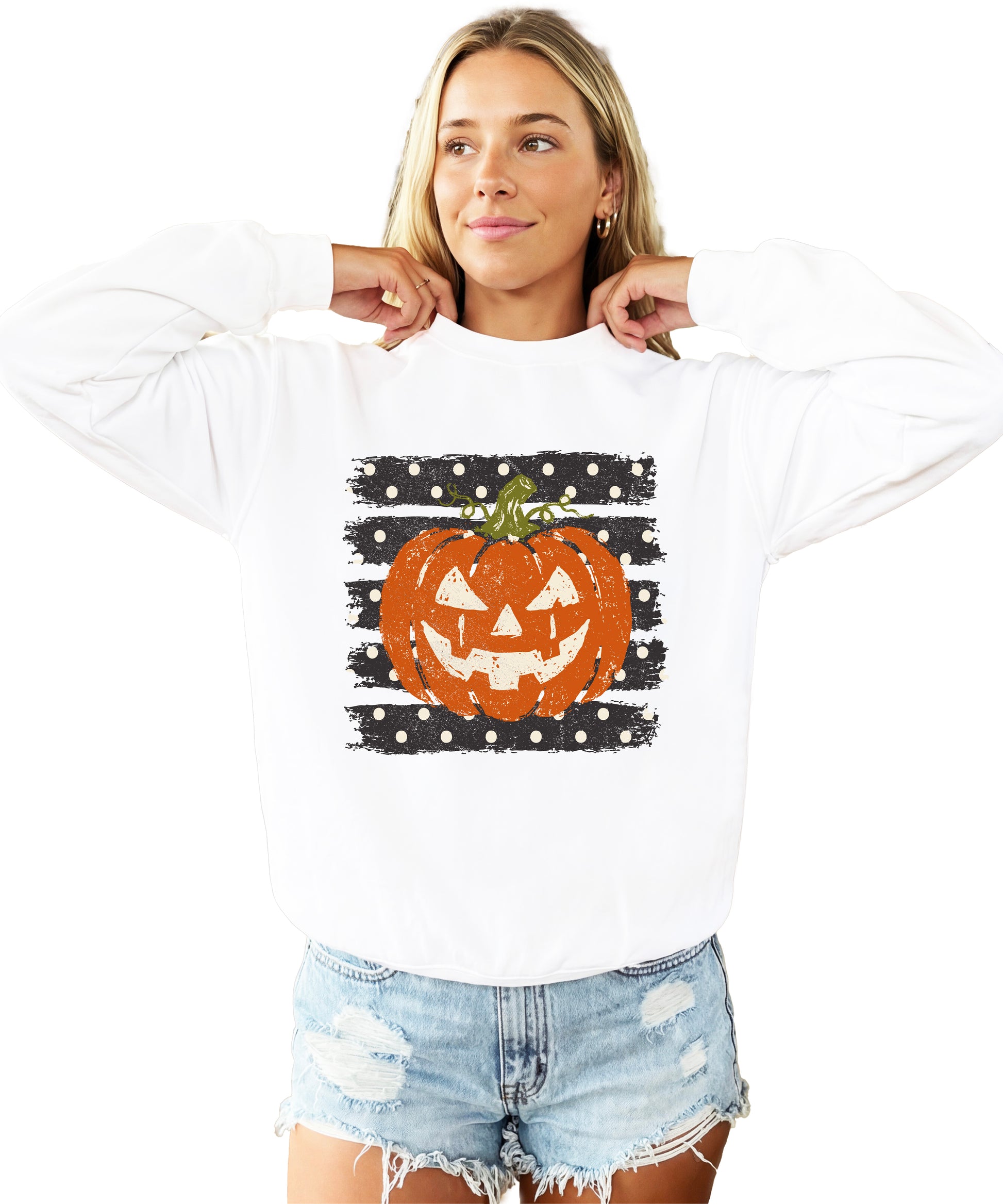 Jack-o-lantern pumpkin polka dot Halloween crewneck sweatshirt in White, front view