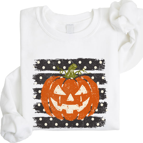 Jack-o-lantern pumpkin polka dot Halloween crewneck sweatshirt in White, detail view