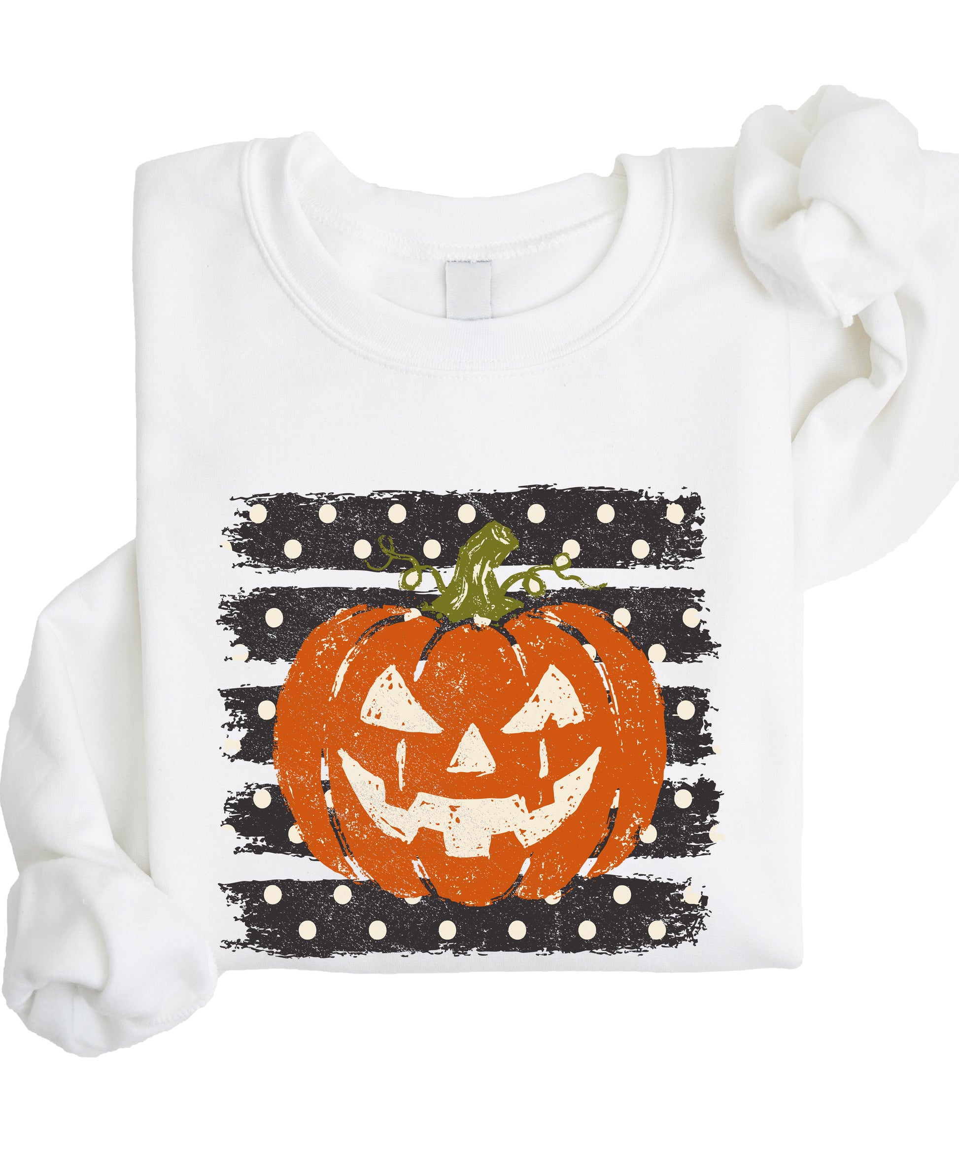 Jack-o-lantern pumpkin polka dot Halloween crewneck sweatshirt in White, detail view