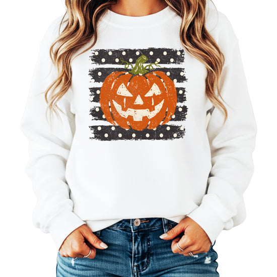 Jack-o-lantern pumpkin polka dot Halloween crewneck sweatshirt in White, lifestyle view