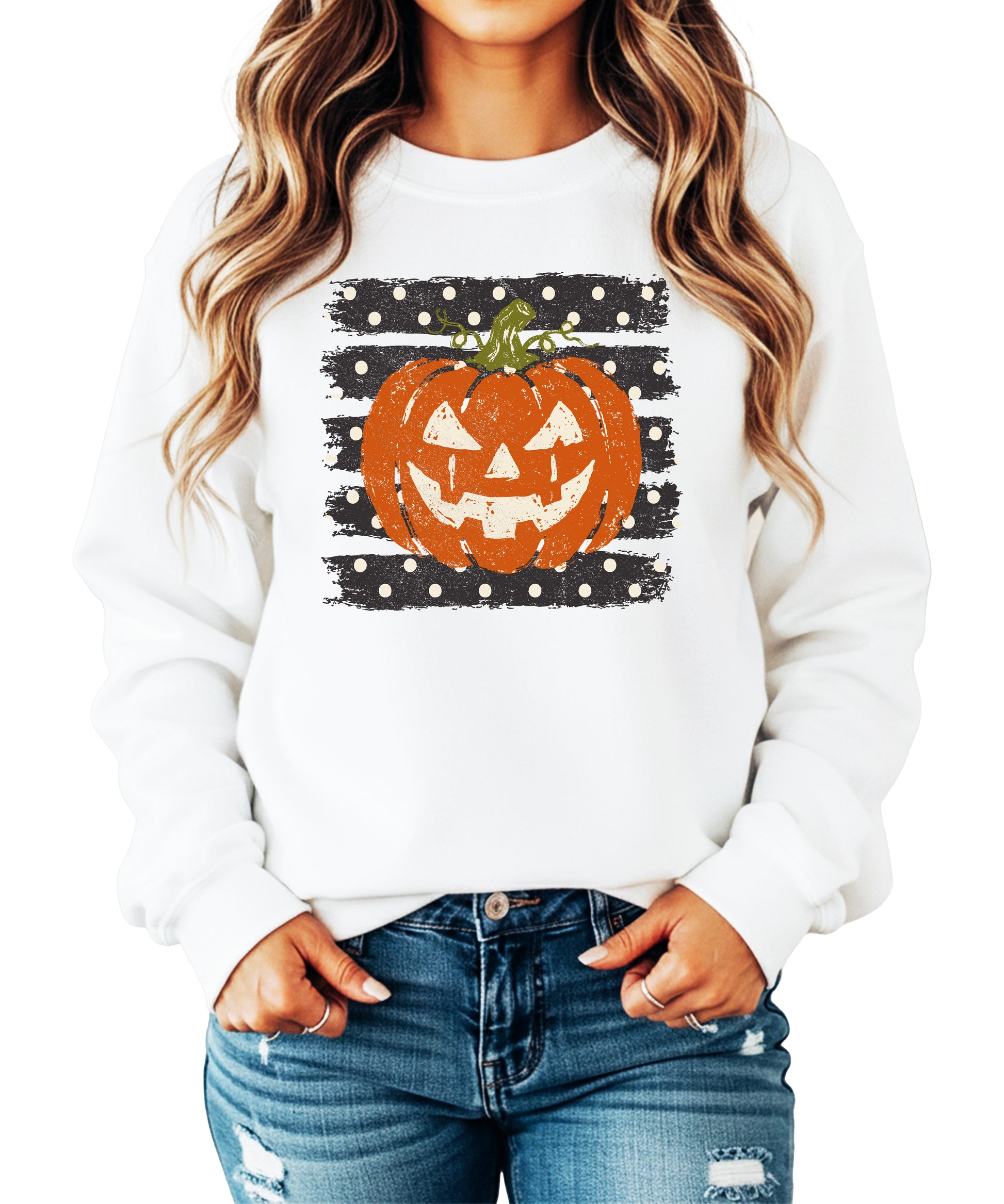 Jack-o-lantern pumpkin polka dot Halloween crewneck sweatshirt in White, lifestyle view