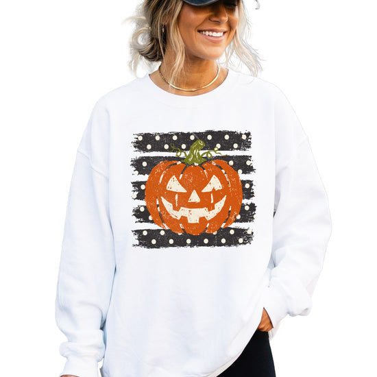 Jack-o-lantern pumpkin polka dot Halloween crewneck sweatshirt in White, flat lay view