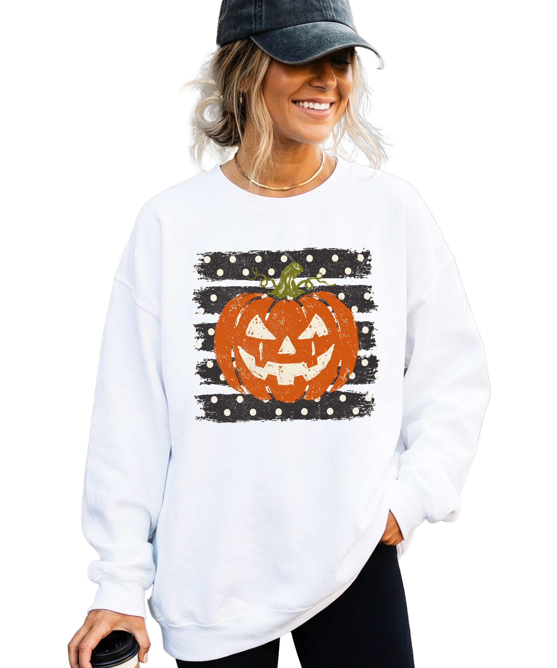 Jack-o-lantern pumpkin polka dot Halloween crewneck sweatshirt in White, flat lay view