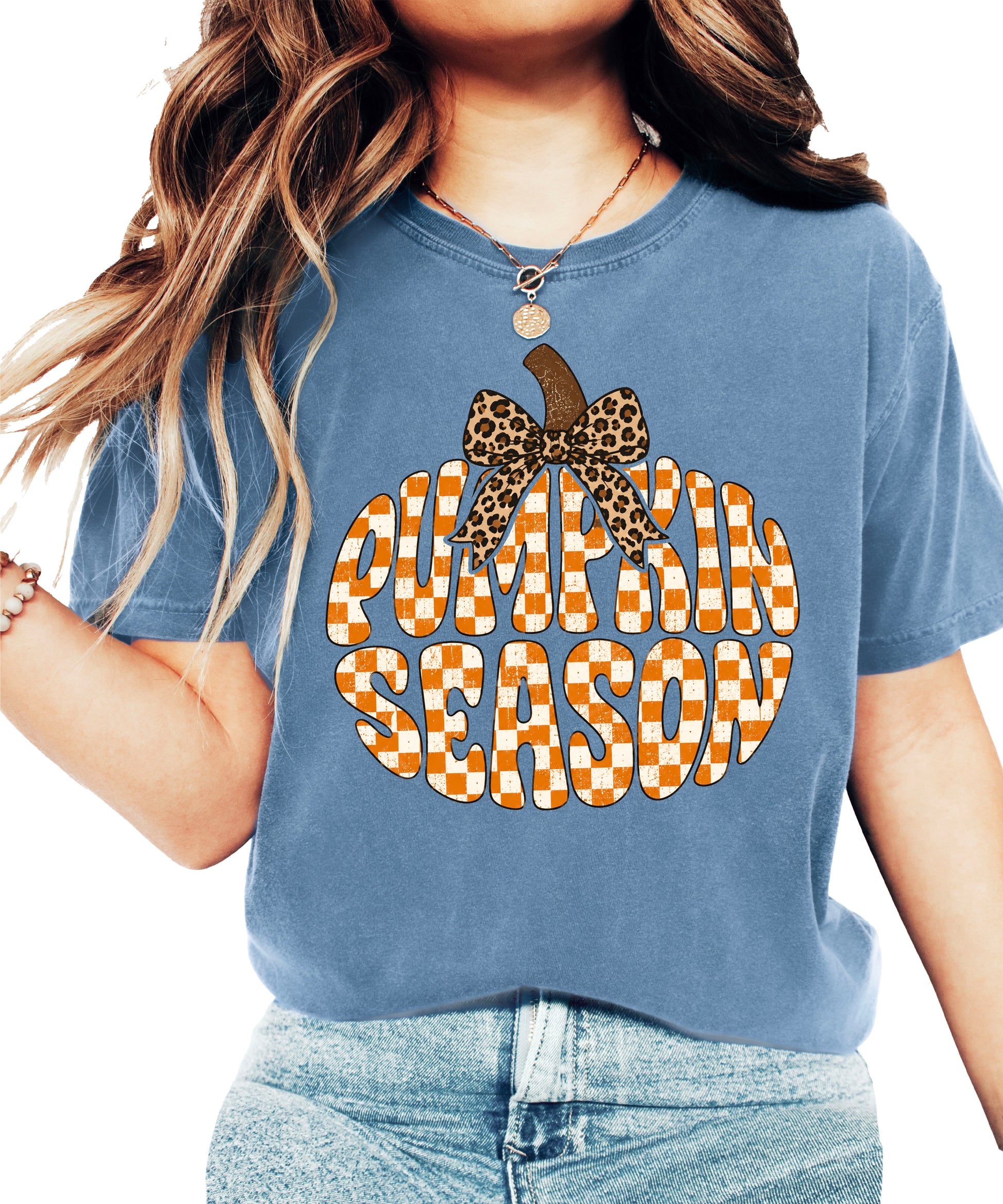 Pumpkin Season checkered pumpkin with leopard bow graphic tee in Blue Jean, Comfort Colors 1717 womens fall t-shirt, front view