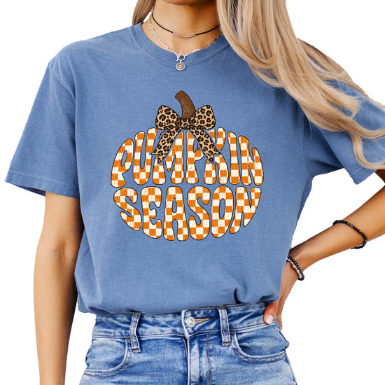 Pumpkin Season checkered pumpkin with leopard bow graphic tee in Blue Jean, Comfort Colors 1717 womens fall t-shirt, detail view