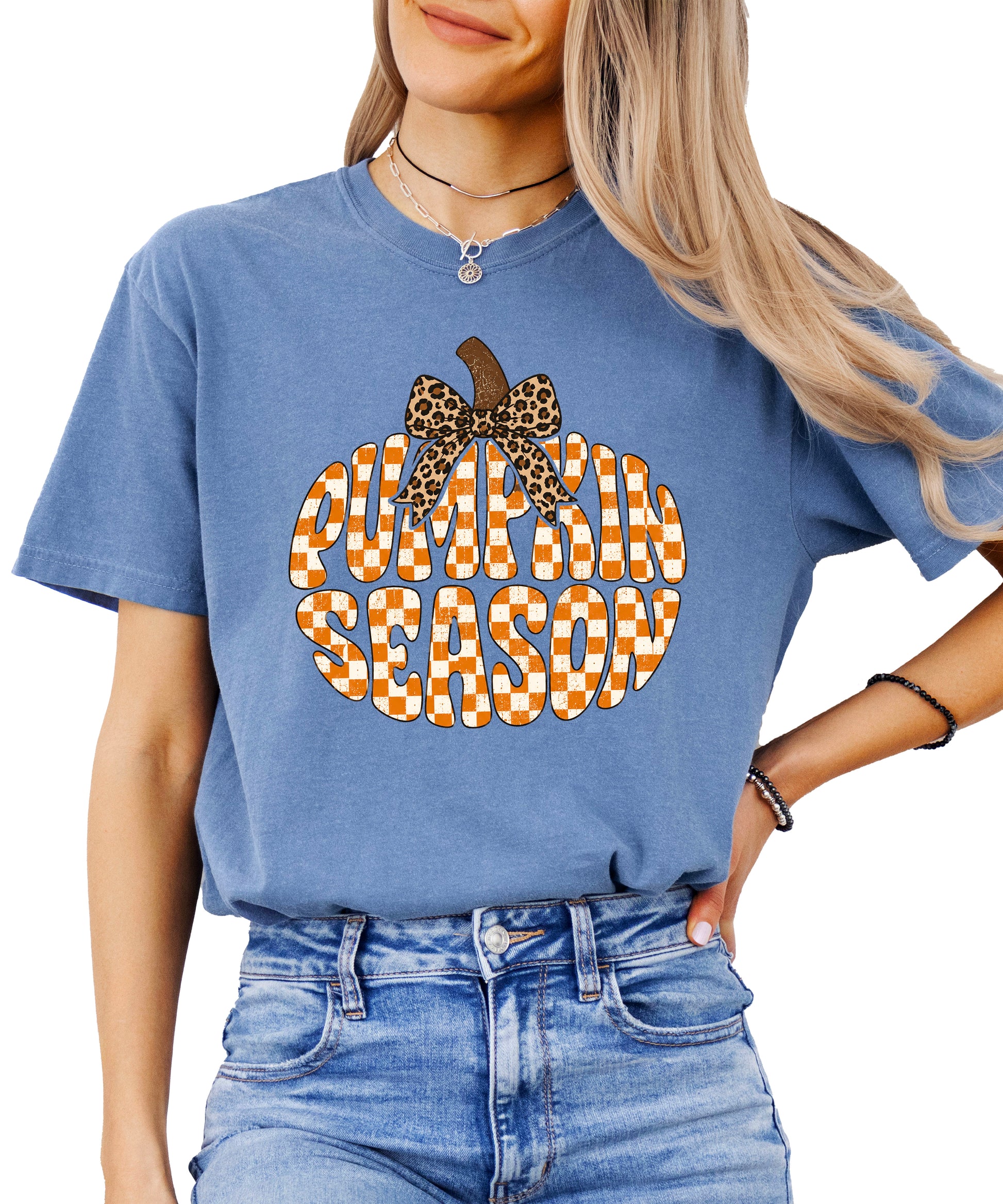 Pumpkin Season checkered pumpkin with leopard bow graphic tee in Blue Jean, Comfort Colors 1717 womens fall t-shirt, detail view