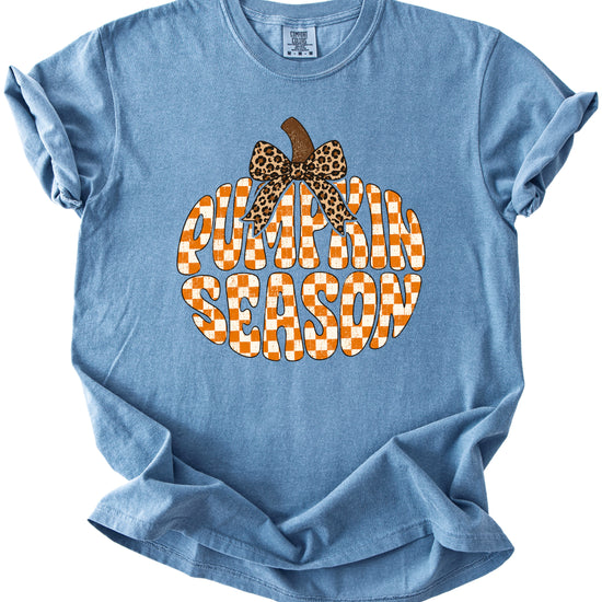 Pumpkin Season checkered pumpkin with leopard bow graphic tee in Blue Jean, Comfort Colors 1717 womens fall t-shirt, styled view