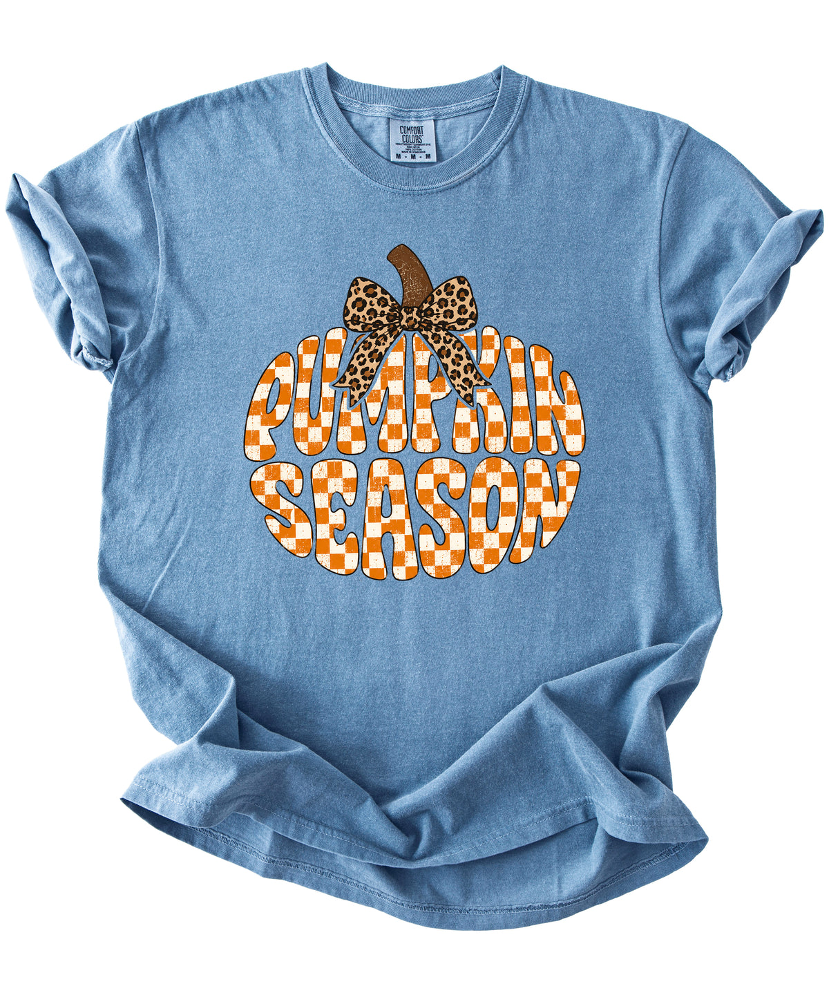 Pumpkin Season checkered pumpkin with leopard bow graphic tee in Blue Jean, Comfort Colors 1717 womens fall t-shirt, styled view