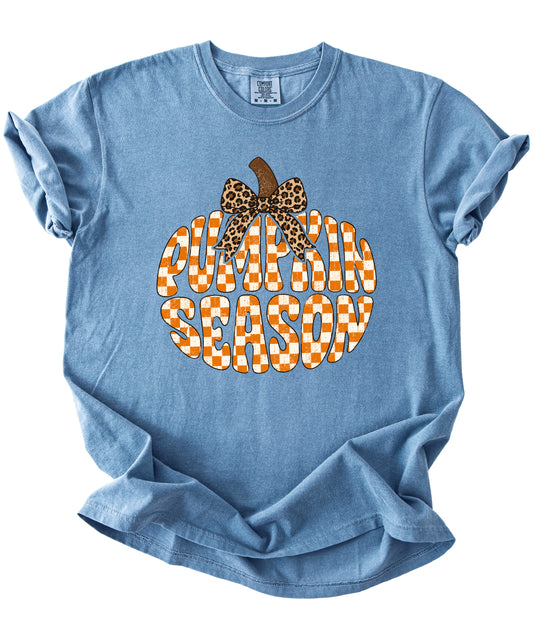 Pumpkin Season checkered pumpkin with leopard bow graphic tee in Blue Jean, Comfort Colors 1717 womens fall t-shirt, styled view