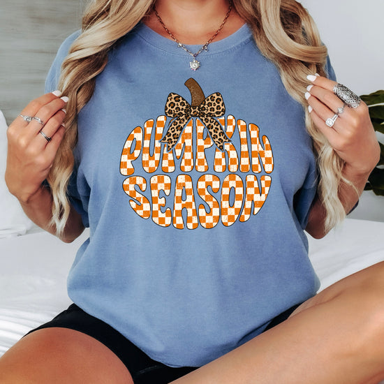 Pumpkin Season checkered pumpkin with leopard bow graphic tee in Blue Jean, Comfort Colors 1717 womens fall t-shirt, back view