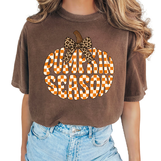 Pumpkin Season checkered pumpkin with leopard bow graphic tee in Espresso, Comfort Colors 1717 womens fall t-shirt, front view