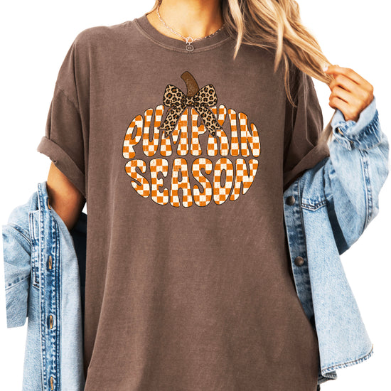 Pumpkin Season checkered pumpkin with leopard bow graphic tee in Espresso, Comfort Colors 1717 womens fall t-shirt, detail view
